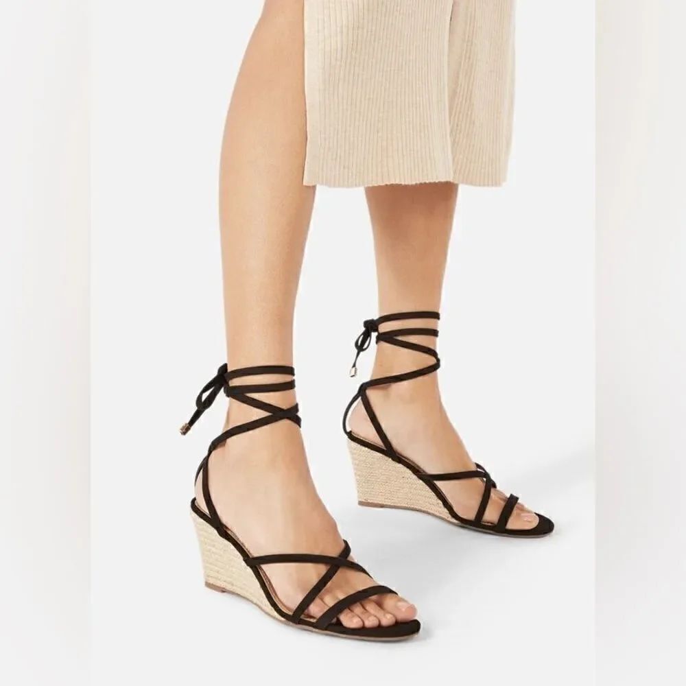 Just Fab Brand New “Watch Me Strut” Black Strappy Espadrilles Wedges (Size: 10)